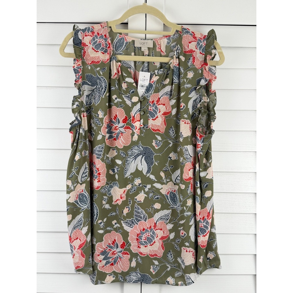 LOFT Blouse XL Olive Pink Floral Ruffle Sleeve Split Neck NEW